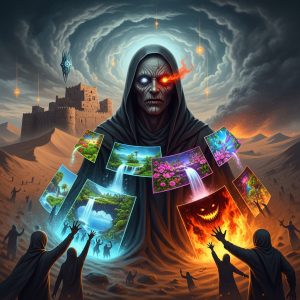 AI_IMAGE: Terrifying Islamic figure of Dajjal (the Deceiver) with one blind eye and one intensely glowing eye, pale deformed face, wearing dark robes, surrounded by illusions of paradise and fire that deceive followers, ancient desert fortress behind him, swirling sand and dark omens in the sky, apocalyptic and deeply unsettling atmosphere | digital-art | square