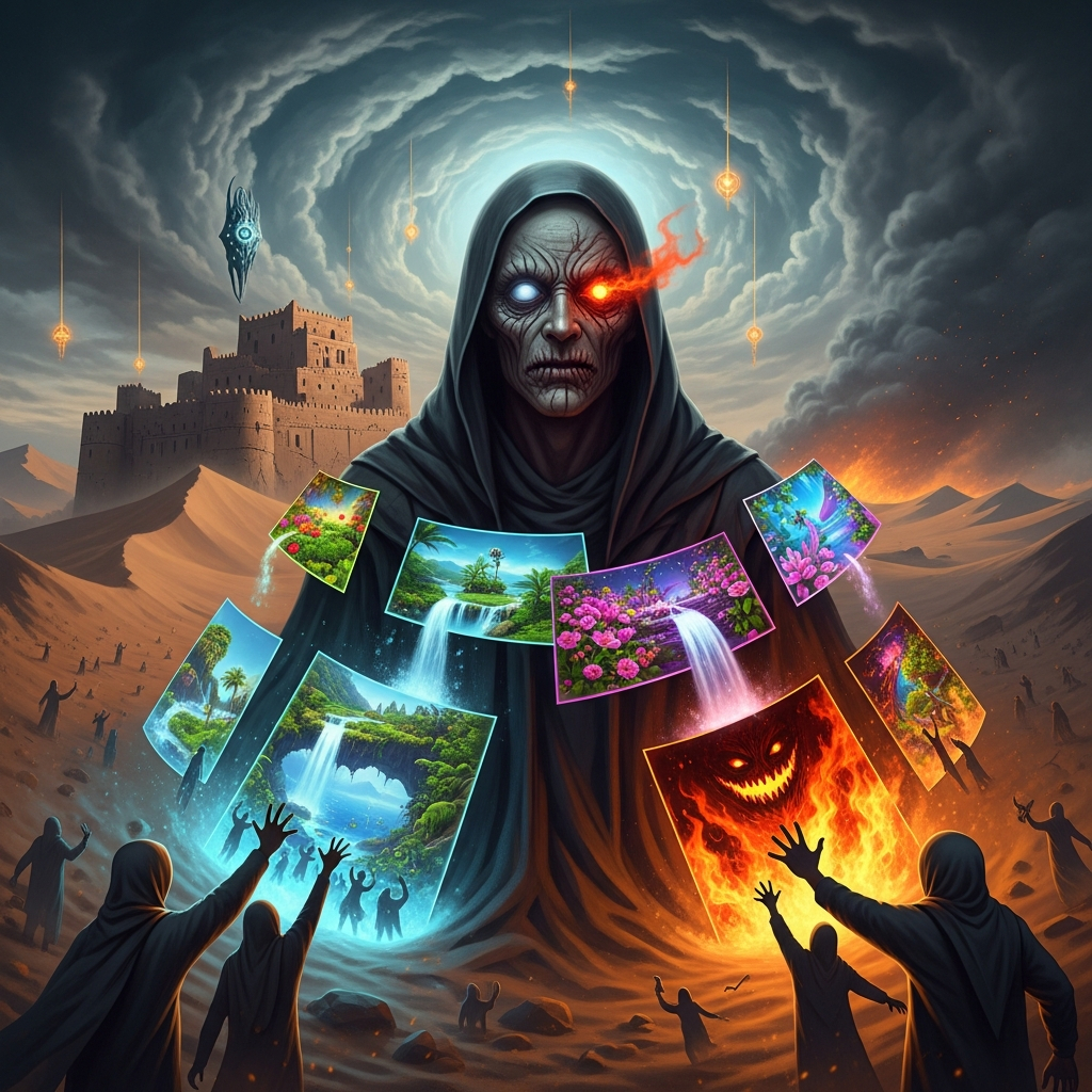 AI_IMAGE: Terrifying Islamic figure of Dajjal (the Deceiver) with one blind eye and one intensely glowing eye, pale deformed face, wearing dark robes, surrounded by illusions of paradise and fire that deceive followers, ancient desert fortress behind him, swirling sand and dark omens in the sky, apocalyptic and deeply unsettling atmosphere | digital-art | square