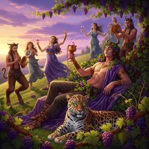 AI_IMAGE: Ecstatic Greek god Dionysus reclining among grapevines on a hillside, youthful androgynous beauty with vine leaves in flowing dark hair, holding a golden cup of wine, surrounded by dancing maenads and satyrs playing pipes, leopard at his feet, warm purple and gold twilight, festive and mystical atmosphere | digital-art | square