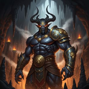 AI_IMAGE: Enormous horned demon figure from Persian mythology standing in a dark mountain cave, muscular build covered in dark scaled skin, glowing amber eyes, ancient Persian armor elements, dramatic firelight reflecting off cave walls, menacing but regal atmosphere | digital-art | square