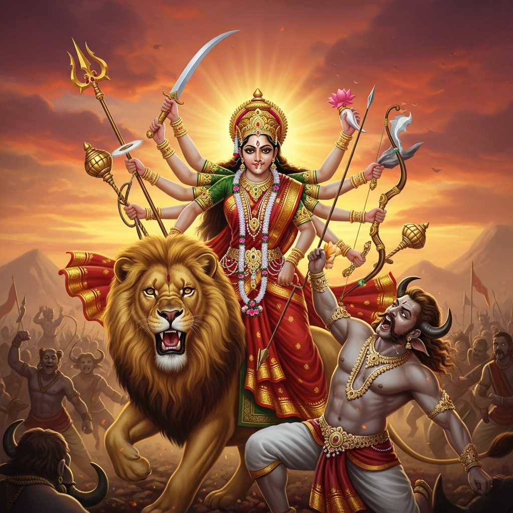 AI_IMAGE: Fierce Hindu goddess Durga with ten arms each holding a different divine weapon, riding a massive golden lion into battle against the buffalo demon Mahishasura, wearing red and gold sari with ornate jewelry, divine rage and determination on her beautiful face, cosmic battlefield with demonic army retreating, dramatic crimson and gold sunset, powerful feminine warrior energy | digital-art | square