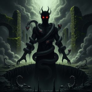 AI_IMAGE: Dark and terrifying Zoroastrian evil spirit Ahriman emerging from a pit of absolute darkness, shadowy humanoid form with burning red eyes, serpents coiling around his body, scorpions crawling at his feet, dark smoke and decay spreading outward, crumbling ancient Persian ruins corrupted by his presence, oppressive and malevolent atmosphere | digital-art | square