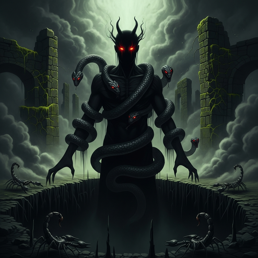 AI_IMAGE: Dark and terrifying Zoroastrian evil spirit Ahriman emerging from a pit of absolute darkness, shadowy humanoid form with burning red eyes, serpents coiling around his body, scorpions crawling at his feet, dark smoke and decay spreading outward, crumbling ancient Persian ruins corrupted by his presence, oppressive and malevolent atmosphere | digital-art | square