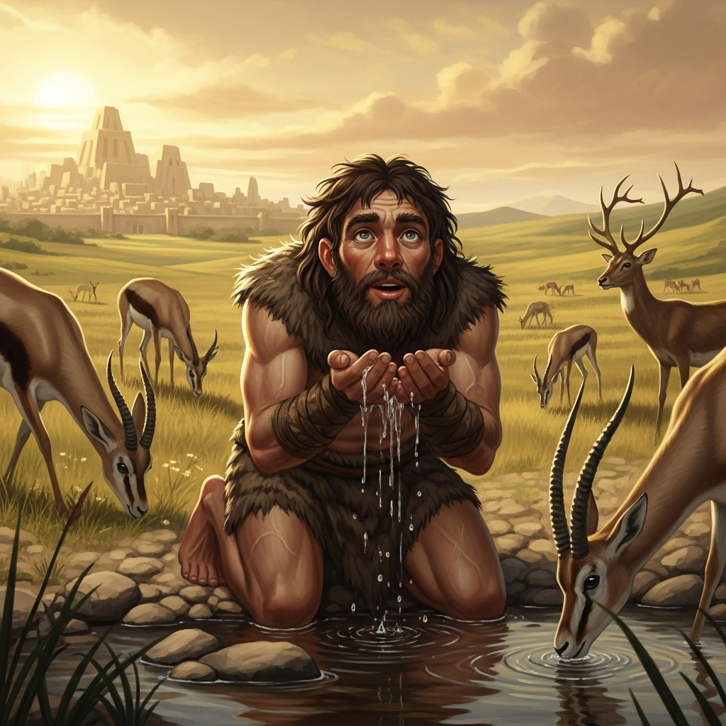 AI_IMAGE: Wild man Enkidu from Mesopotamian mythology, muscular primitive body covered in thick hair, living among gazelles and wild animals on the Sumerian steppe, drinking water from a stream alongside deer, innocent and pure expression, first encounter with civilization visible in the distance as Uruk's walls, warm earthy golden light, primal and untamed atmosphere | digital-art | square