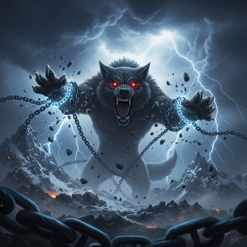AI_IMAGE: Enormous mythological wolf Fenrir breaking free from magical chains, dark stormy Norse sky with lightning, glowing red eyes, massive jaws open wide, snow-covered mountains crumbling around it, epic and apocalyptic atmosphere | digital-art | square