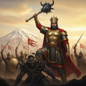 AI_IMAGE: Noble Persian king Feridun in royal armor holding his legendary ox-headed mace, standing victorious over chained serpent-shouldered Zahhak, Mount Damavand snow-capped peak in background, Persian army cheering behind him, golden crown with jewels, warm triumphant golden light, regal and just atmosphere | digital-art | square
