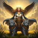 AI_IMAGE: Beautiful Norse goddess Freya riding a chariot pulled by two large grey cats through golden autumn skies, wearing the gleaming Brisingamen necklace, falcon feather cloak flowing behind her, long golden hair adorned with wildflowers, tears of gold falling from her eyes, Folkvangr meadow below, enchanting and powerful feminine atmosphere | digital-art | square