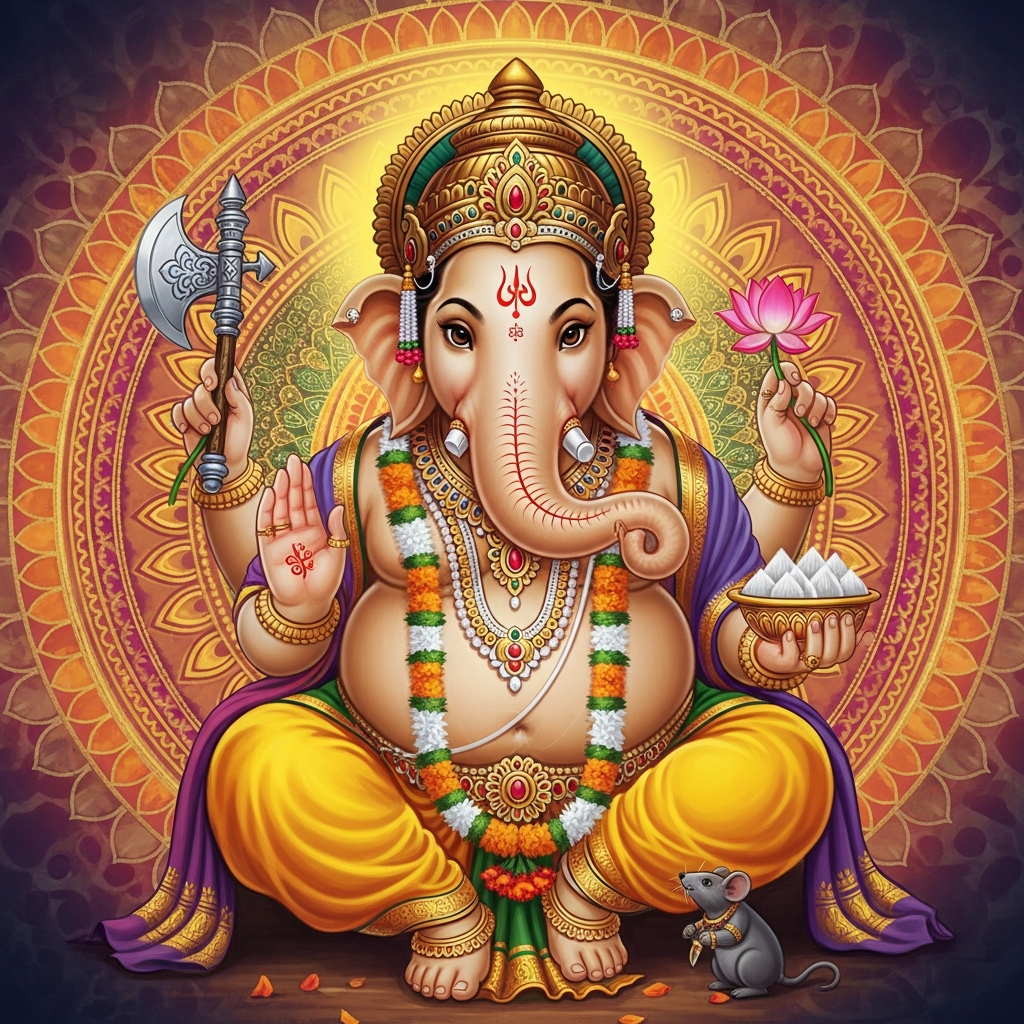 AI_IMAGE: Beloved Hindu god Ganesha with elephant head and four arms, plump golden body adorned with jewels and flower garlands, holding an axe, lotus flower, bowl of sweets (modak), and one hand raised in blessing, his tiny mouse vehicle Mushika at his feet, colorful mandala background, warm saffron and gold tones, joyful and auspicious atmosphere | digital-art | square