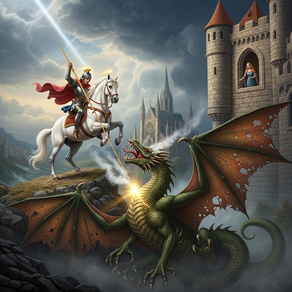 AI_IMAGE: Medieval scene of Saint George on a white horse plunging a golden lance into a massive green dragon, the dragon writhing in agony with bat-like wings spread, a rescued princess watching from a tower, Gothic castle and church spires in background, dramatic storm sky with a beam of divine light, classic Christian heroic imagery | digital-art | square