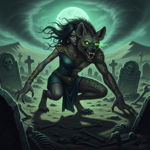 AI_IMAGE: Terrifying Arabian ghoul creature lurking in a moonlit desert graveyard, shapeshifting between a beautiful woman and a monstrous hyena-like beast, glowing green eyes, crouching among ancient tombstones and scattered bones, eerie green-blue moonlight, sandstorm swirling in background, horrific and unsettling atmosphere | digital-art | square