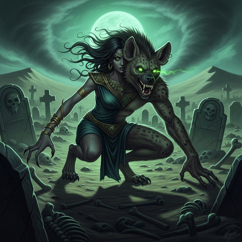 AI_IMAGE: Terrifying Arabian ghoul creature lurking in a moonlit desert graveyard, shapeshifting between a beautiful woman and a monstrous hyena-like beast, glowing green eyes, crouching among ancient tombstones and scattered bones, eerie green-blue moonlight, sandstorm swirling in background, horrific and unsettling atmosphere | digital-art | square