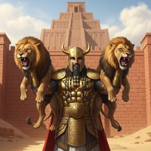 AI_IMAGE: Legendary Mesopotamian king Gilgamesh as a powerful warrior holding a lion under each arm, ornate Sumerian beard and hair, wearing golden armor with cuneiform inscriptions, standing before the massive walls of Uruk, ziggurat temple in background, dramatic golden desert light, heroic and ancient atmosphere | digital-art | square