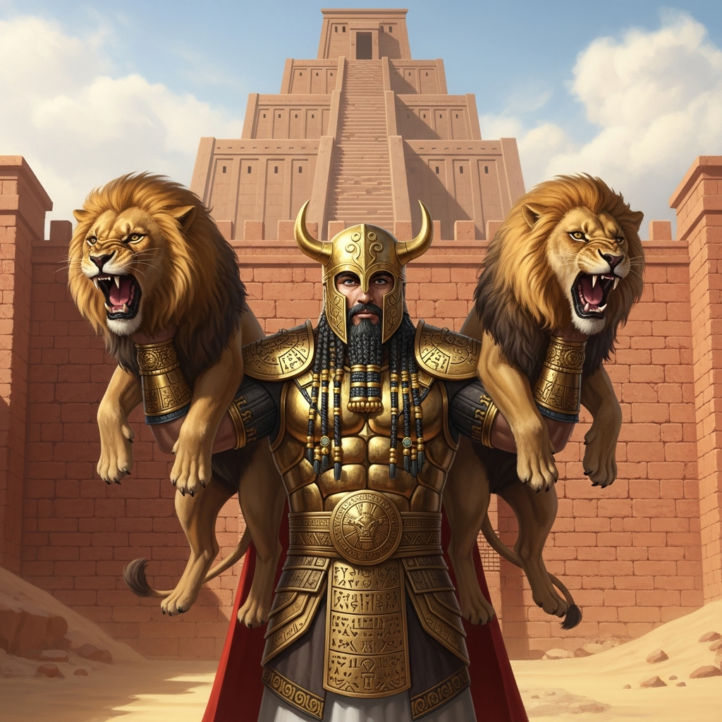 AI_IMAGE: Legendary Mesopotamian king Gilgamesh as a powerful warrior holding a lion under each arm, ornate Sumerian beard and hair, wearing golden armor with cuneiform inscriptions, standing before the massive walls of Uruk, ziggurat temple in background, dramatic golden desert light, heroic and ancient atmosphere | digital-art | square