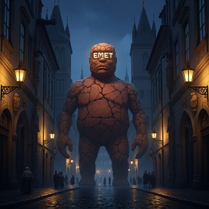 AI_IMAGE: Massive clay Golem of Prague standing in a narrow medieval Jewish Quarter street at night, roughly humanoid form made of cracked reddish clay, Hebrew letters EMET glowing on its forehead, towering over old buildings with flickering lantern light, mysterious and protective atmosphere, dark cobblestone streets, Gothic architecture | digital-art | square