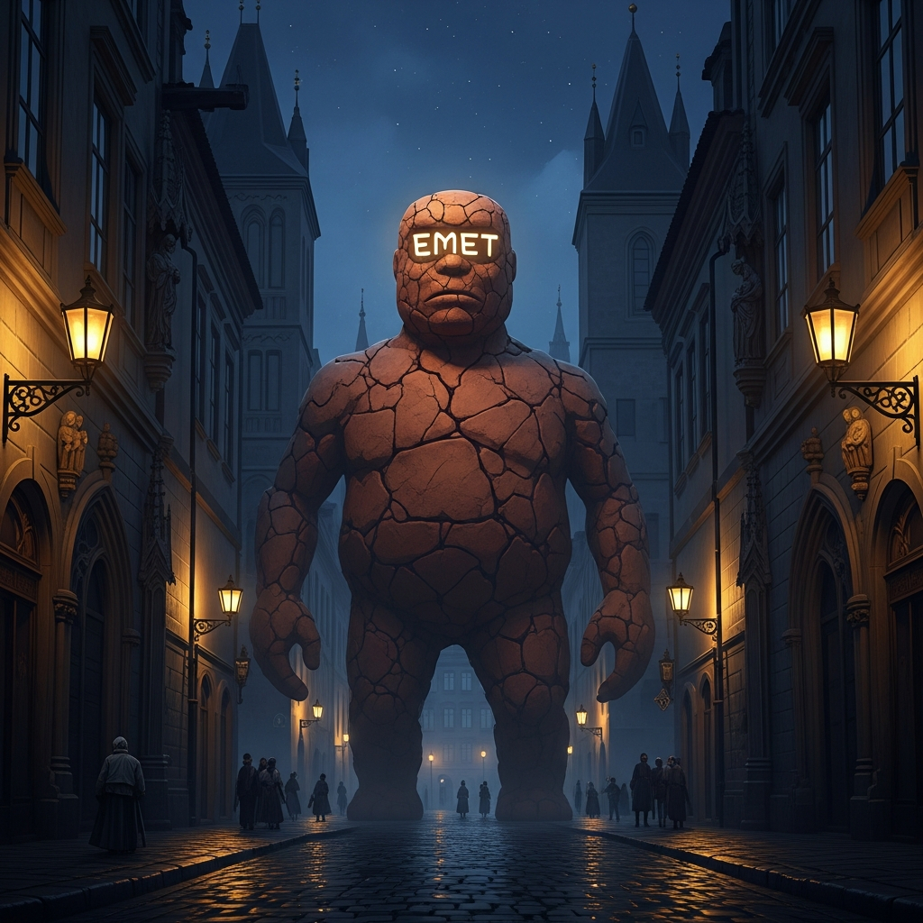 AI_IMAGE: Massive clay Golem of Prague standing in a narrow medieval Jewish Quarter street at night, roughly humanoid form made of cracked reddish clay, Hebrew letters EMET glowing on its forehead, towering over old buildings with flickering lantern light, mysterious and protective atmosphere, dark cobblestone streets, Gothic architecture | digital-art | square