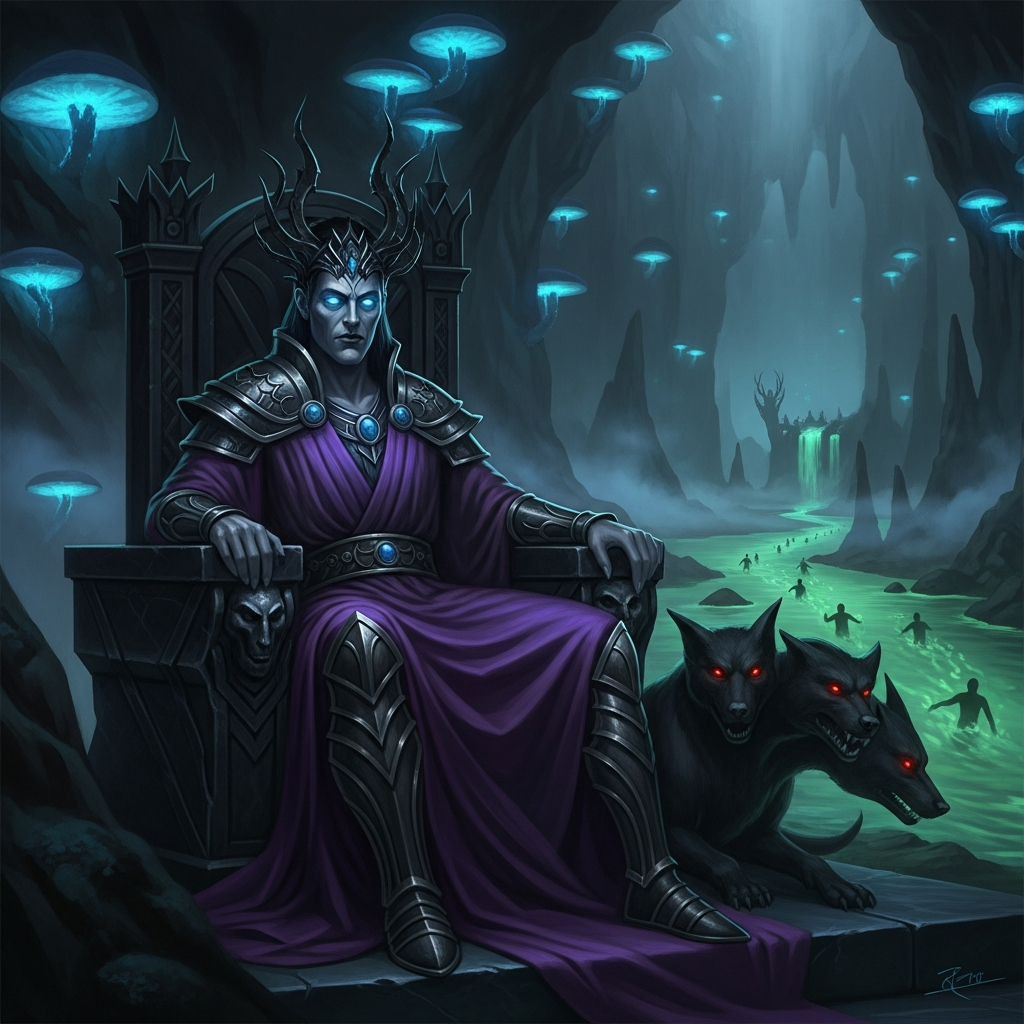 AI_IMAGE: Dark and regal Greek god Hades seated on an obsidian throne in the underworld, pale skin with deep-set intense eyes, wearing a crown of dark metal, three-headed dog Cerberus at his feet, river Styx flowing in background with ghostly souls, eerie blue-purple bioluminescent lighting in a vast underground cavern | digital-art | square