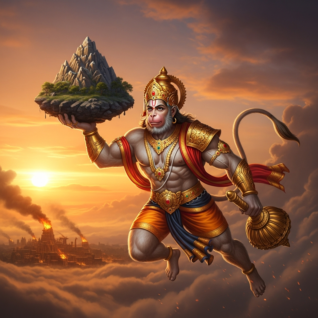 AI_IMAGE: Mighty Hindu monkey god Hanuman carrying an entire mountain in one hand while flying through clouds, muscular golden-furred body, long tail, fierce determined face with devotional expression, wearing golden armor and crown, Lanka burning in the distance below, dramatic orange sunset sky, heroic devotion and superhuman strength atmosphere | digital-art | square