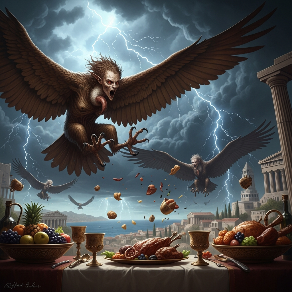 AI_IMAGE: Terrifying Greek Harpy creatures swooping down from a stormy sky, gaunt female faces with sharp features on large vulture-like bodies with bronze feathers and razor-sharp talons, snatching food from an outdoor feast table, ancient Greek coastal city below, dark turbulent clouds, menacing and chaotic atmosphere | digital-art | square