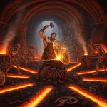 AI_IMAGE: Muscular Greek god Hephaestus at his underground forge beneath a volcano, powerful arms hammering a glowing golden shield on an enormous anvil, sparks flying, automated bronze servants helping in the workshop, rivers of magma flowing in channels, warm orange-red forge light contrasting with cool stone walls | digital-art | square