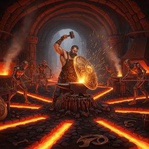 AI_IMAGE: Muscular Greek god Hephaestus at his underground forge beneath a volcano, powerful arms hammering a glowing golden shield on an enormous anvil, sparks flying, automated bronze servants helping in the workshop, rivers of magma flowing in channels, warm orange-red forge light contrasting with cool stone walls | digital-art | square