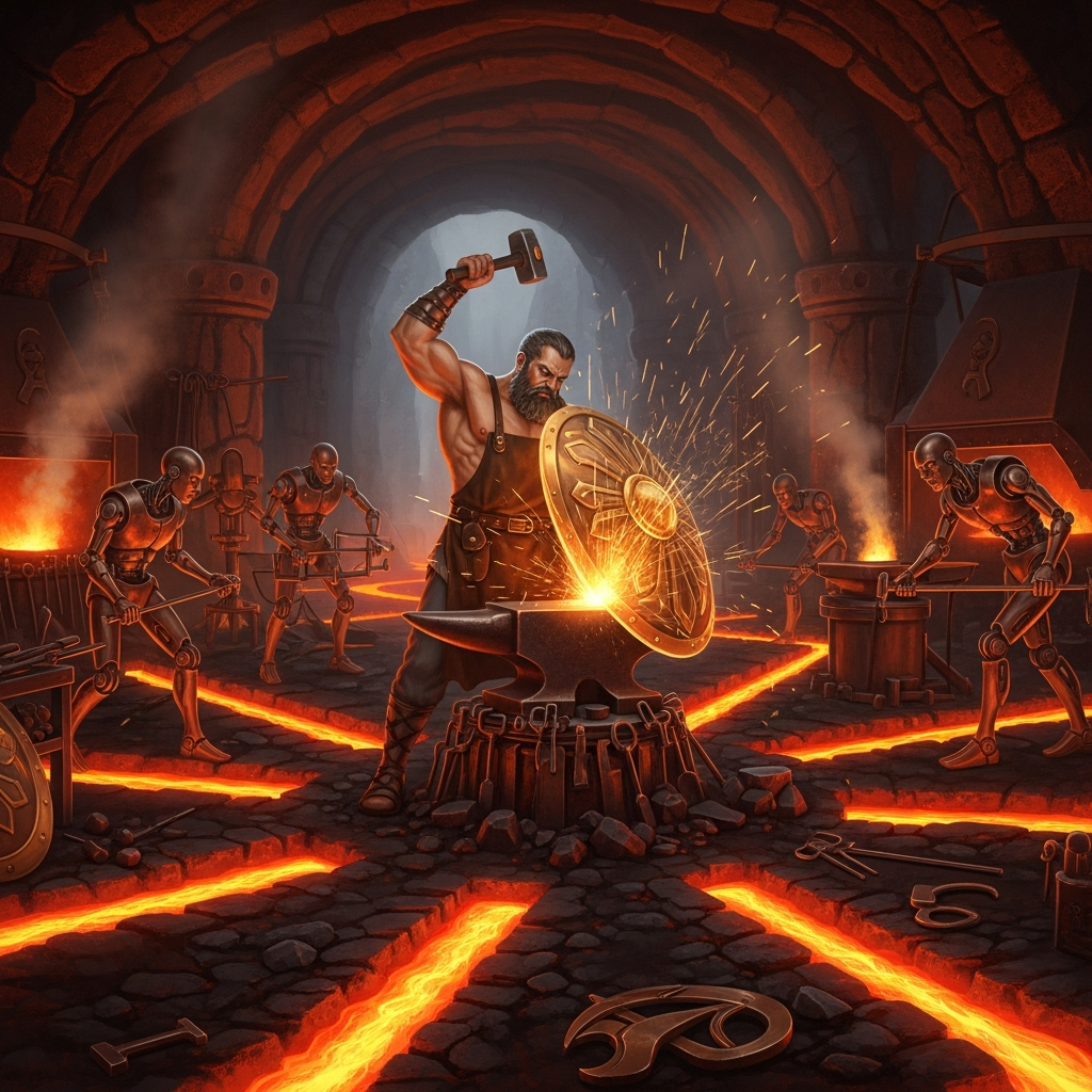 AI_IMAGE: Muscular Greek god Hephaestus at his underground forge beneath a volcano, powerful arms hammering a glowing golden shield on an enormous anvil, sparks flying, automated bronze servants helping in the workshop, rivers of magma flowing in channels, warm orange-red forge light contrasting with cool stone walls | digital-art | square