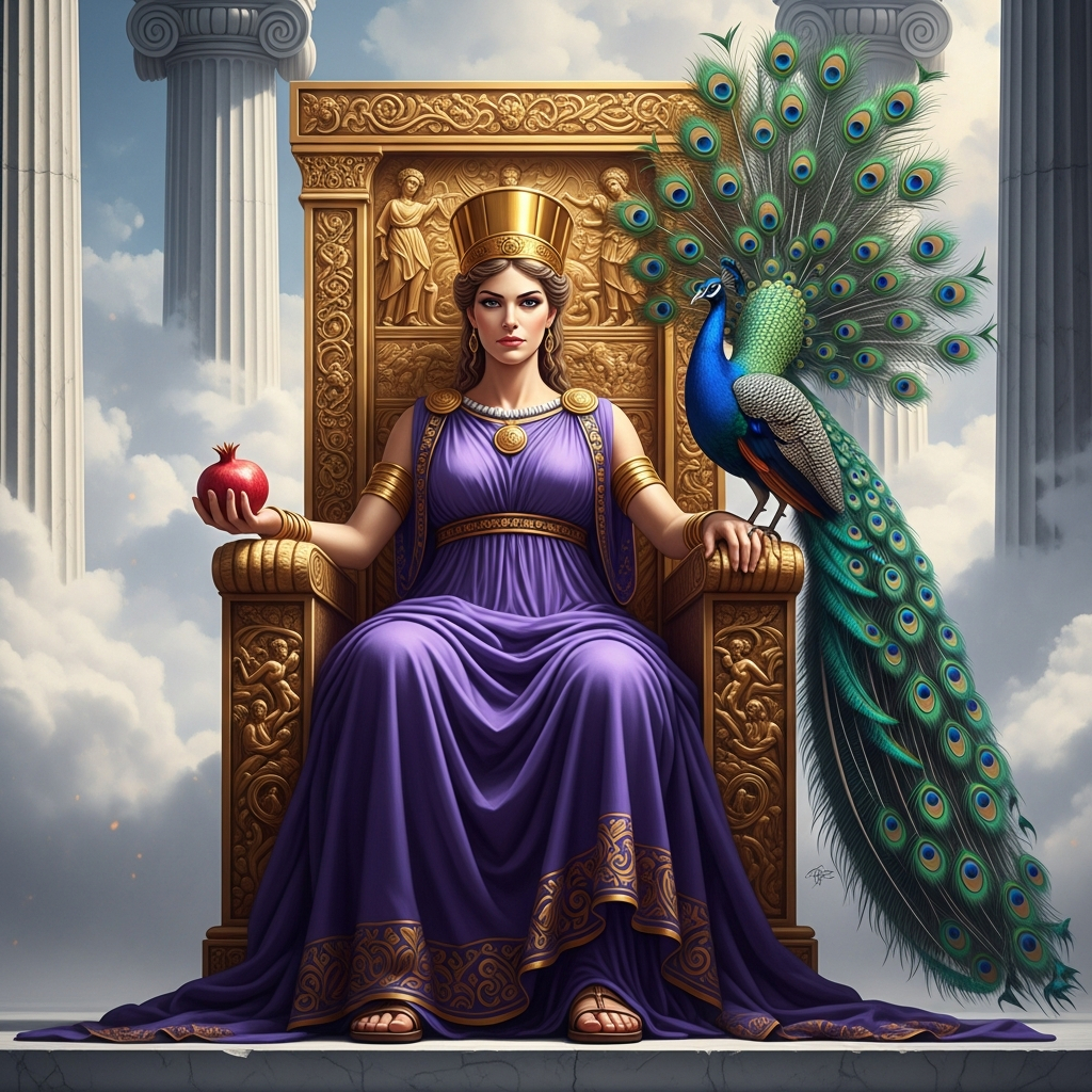 AI_IMAGE: Regal Greek goddess Hera seated on an ornate golden throne on Mount Olympus, wearing a flowing royal purple robe and golden crown (polos), magnificent peacock with spread tail feathers beside her, pomegranate in one hand, stern but beautiful expression, majestic clouds and marble columns, dignified and powerful atmosphere | digital-art | square