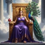 AI_IMAGE: Regal Greek goddess Hera seated on an ornate golden throne on Mount Olympus, wearing a flowing royal purple robe and golden crown (polos), magnificent peacock with spread tail feathers beside her, pomegranate in one hand, stern but beautiful expression, majestic clouds and marble columns, dignified and powerful atmosphere | digital-art | square