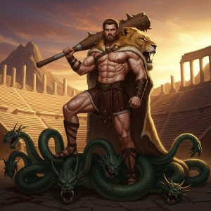AI_IMAGE: Legendary Greek hero Heracles (Hercules) wearing the Nemean lion skin as a cape, massive muscular build, wielding a huge wooden club, standing victorious over the slain Hydra, Greek amphitheater ruins in background, scars on his body telling stories of his twelve labors, heroic golden sunset lighting | digital-art | square