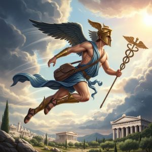 AI_IMAGE: Swift Greek god Hermes in mid-flight with winged sandals and winged helmet, carrying the caduceus staff with intertwined serpents, youthful athletic build, messenger bag at his side, passing between clouds and ancient Greek cities below, dynamic motion blur suggesting incredible speed, warm golden light | digital-art | square
