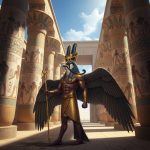 AI_IMAGE: Powerful Egyptian god Horus with falcon head and gleaming golden Eye of Horus, wearing the double crown of Upper and Lower Egypt, standing in a sunlit temple with massive painted columns, holding a was-scepter, falcon wings partially spread behind him, bright blue sky visible through temple entrance, regal and triumphant atmosphere | digital-art | square