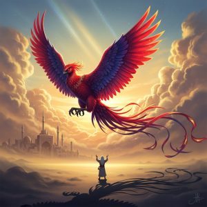 AI_IMAGE: Majestic mythological Huma bird soaring through golden sunset clouds, magnificent plumage shimmering between phoenix-like crimson and royal purple, never landing on the ground, its shadow falling upon a humble person below who raises their hands in wonder, ancient Persian cityscape in distance, divine and auspicious atmosphere | digital-art | square