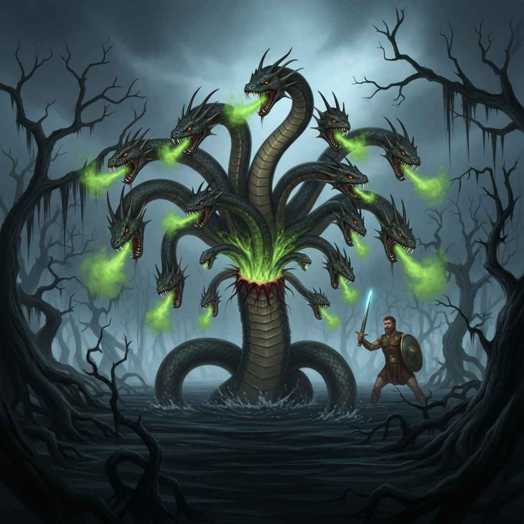 AI_IMAGE: Monstrous multi-headed Lernaean Hydra rising from dark swamp waters, nine serpentine heads with venomous fangs hissing in different directions, two new heads growing from a severed neck stump, poisonous breath as visible green mist, Heracles in the background wielding a sword, murky swamp environment with dead trees | digital-art | square