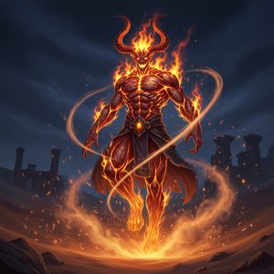 AI_IMAGE: Towering Islamic Ifrit jinn made of smokeless fire, muscular humanoid form with skin of burning embers and flowing flames, glowing orange eyes, massive horns curling upward, hovering above a desert sand dune at night, swirling smoke and sparks around its body, ancient Arabian ruins in background, terrifying and powerful atmosphere | digital-art | square
