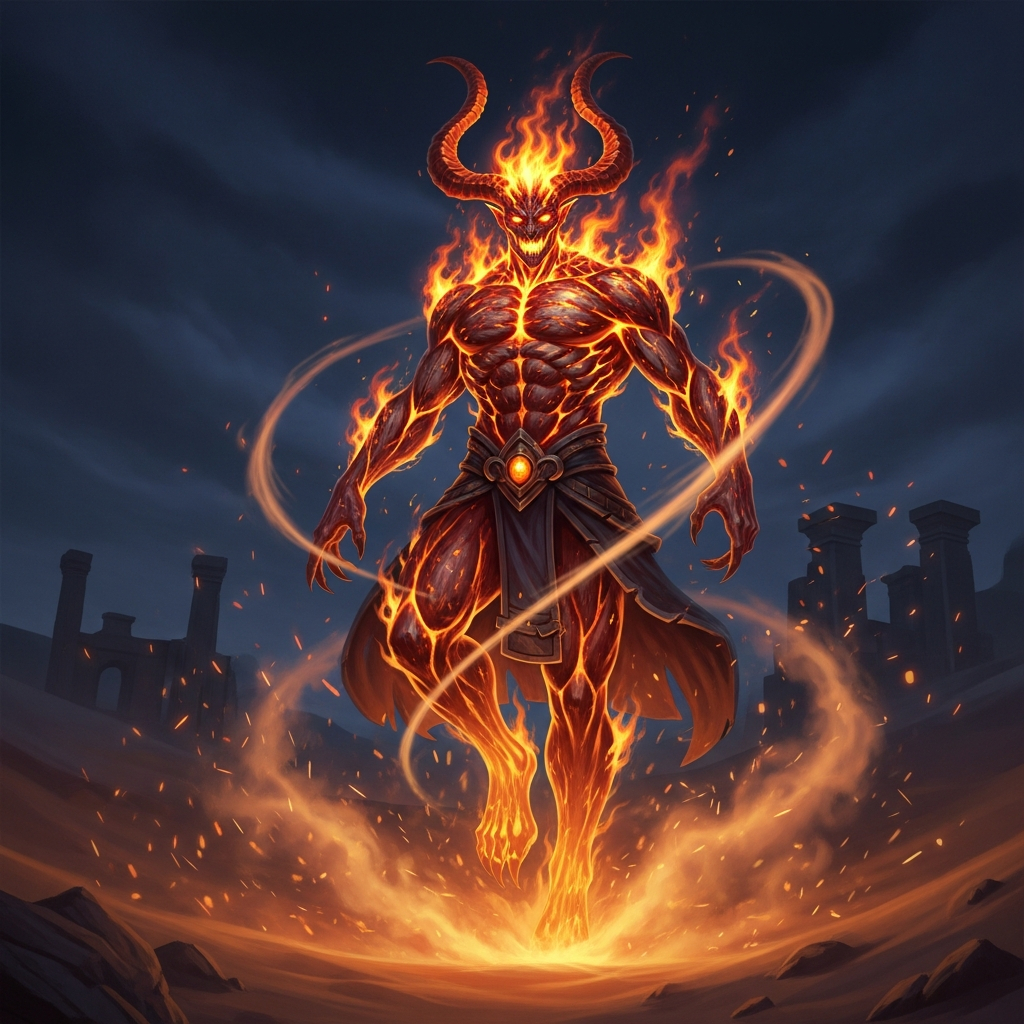 AI_IMAGE: Towering Islamic Ifrit jinn made of smokeless fire, muscular humanoid form with skin of burning embers and flowing flames, glowing orange eyes, massive horns curling upward, hovering above a desert sand dune at night, swirling smoke and sparks around its body, ancient Arabian ruins in background, terrifying and powerful atmosphere | digital-art | square