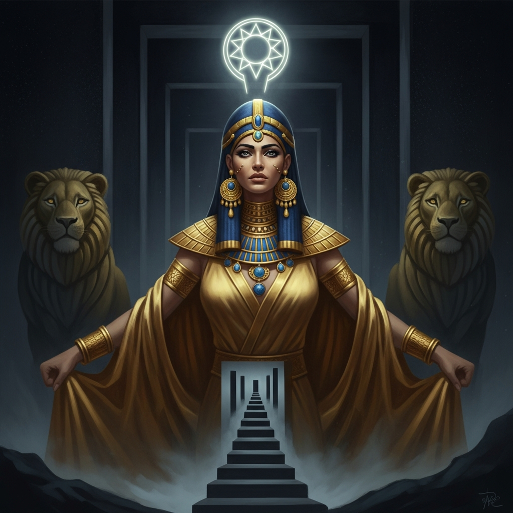 AI_IMAGE: Powerful Sumerian goddess Inanna standing at the gates of the underworld, wearing elaborate golden jewelry and lapis lazuli headdress, shedding her garments at each gate, fierce determination in her eyes, seven gates of the underworld stretching before her into darkness, lions flanking her, eight-pointed star of Venus glowing above, dramatic descent into shadow | digital-art | square