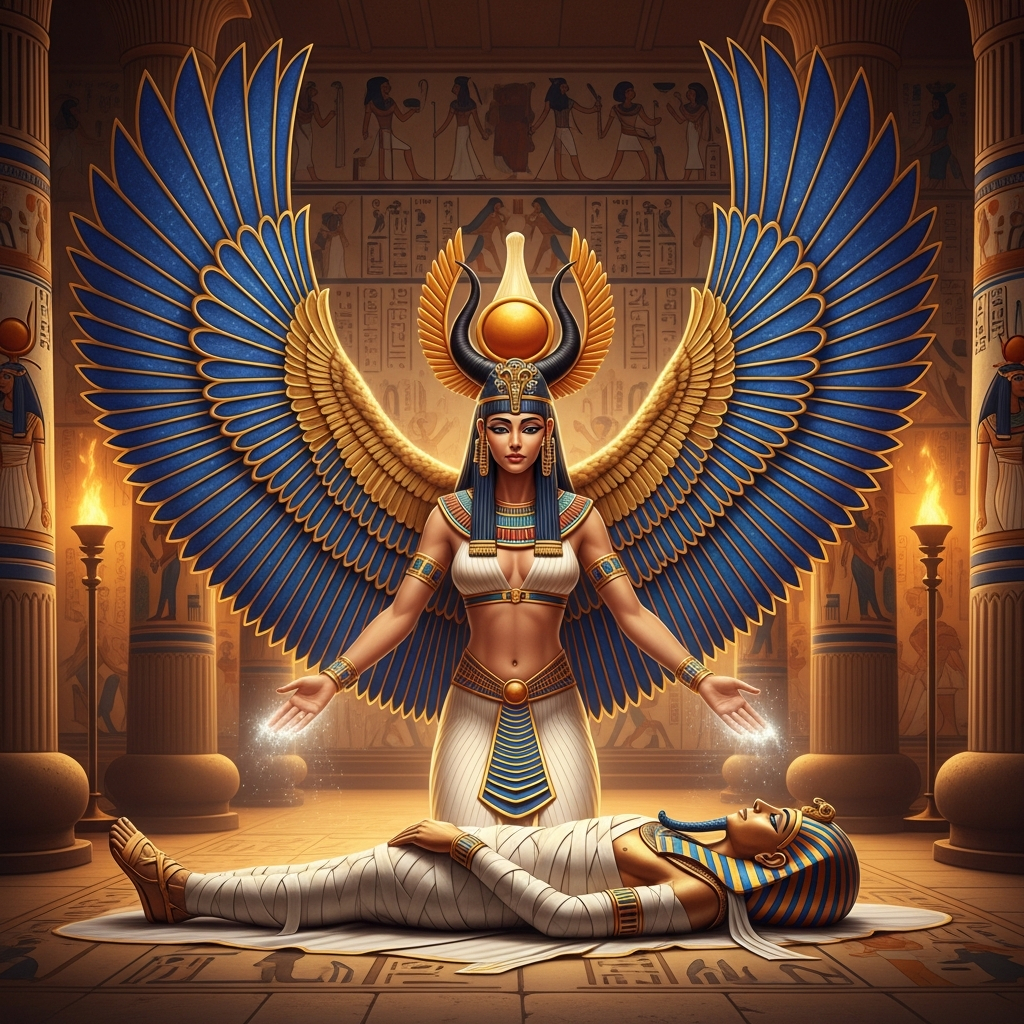 AI_IMAGE: Majestic Egyptian goddess Isis with magnificent spread wings of gold and lapis lazuli blue feathers, wearing the throne crown headdress, kneeling protectively over the mummified body of Osiris, hieroglyphic-covered temple walls, warm golden torch light reflecting off painted columns, divine maternal power and magical atmosphere | digital-art | square