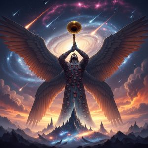 AI_IMAGE: Majestic Islamic angel Israfil standing on a cosmic mountaintop, holding an enormous golden trumpet (Sur) to his lips ready to blow, four massive wings, body covered with countless mouths and tongues praising God, dramatic cosmic sky with galaxies and nebulae, moment before the Day of Judgment, awe-inspiring and apocalyptic atmosphere | digital-art | square