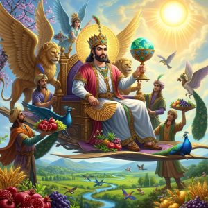 AI_IMAGE: Glorious Persian king Jamshid seated on a magnificent jewel-encrusted flying throne (Takht-e Jamshid), wearing a radiant golden crown, holding the legendary Cup of Jamshid that shows the entire world, surrounded by mythical creatures and servants, fertile paradise landscape below with abundant harvests, bright celestial light, golden age of prosperity atmosphere | digital-art | square