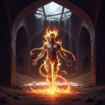 AI_IMAGE: Mysterious Persian Jinn spirit materializing from swirling smokeless fire in a dark abandoned caravanserai, semi-translucent humanoid form shifting between beautiful and monstrous, glowing amber eyes, ancient Persian architectural ruins around, floating dust particles catching moonlight, supernatural and unsettling atmosphere | digital-art | square