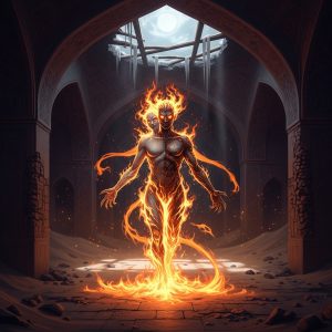 AI_IMAGE: Mysterious Persian Jinn spirit materializing from swirling smokeless fire in a dark abandoned caravanserai, semi-translucent humanoid form shifting between beautiful and monstrous, glowing amber eyes, ancient Persian architectural ruins around, floating dust particles catching moonlight, supernatural and unsettling atmosphere | digital-art | square