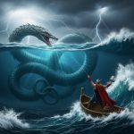 AI_IMAGE: Colossal Norse World Serpent Jormungandr coiled around the entire world beneath dark ocean waters, massive scaled body stretching endlessly, biting its own tail forming an ouroboros, Thor fishing from a small boat above trying to hook the serpent, massive stormy waves, apocalyptic Norse atmosphere with dark sky and lightning | digital-art | square