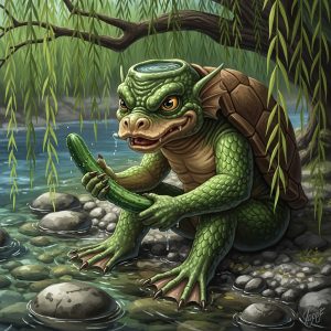 AI_IMAGE: Mischievous Japanese Kappa water creature sitting on a riverbank, green reptilian skin, turtle shell on its back, beak-like mouth, a depression on top of its head filled with water (sara), holding a stolen cucumber, clear Japanese river with stones and overhanging willow trees, playful yet slightly menacing yokai atmosphere | digital-art | square