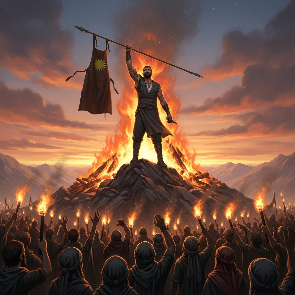 AI_IMAGE: Heroic Kurdish blacksmith Kawa raising his leather apron on a spear as a battle standard, muscular arms covered in forge soot, standing on a mountain peak with a massive bonfire blazing behind him, crowds of oppressed people rallying below with torches, dramatic sunset sky in orange and red, revolutionary and defiant atmosphere | digital-art | square