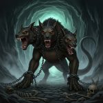 AI_IMAGE: Fearsome three-headed hellhound Cerberus guarding the gates of the Greek underworld, each head snarling with different expressions, massive muscular body with serpent tail, chains around its necks, dark misty cave entrance with river Styx behind, eerie green-blue underworld glow, bones scattered at its paws | digital-art | square