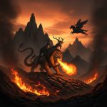 AI_IMAGE: Fearsome Greek Chimera breathing fire from its lion head, with a goat head rising from its back and a serpent for a tail, standing on a rocky mountainside in ancient Lycia, fire scorching the earth around it, dramatic volcanic landscape, Bellerophon on Pegasus diving toward it from above, intense orange and dark atmosphere | digital-art | square