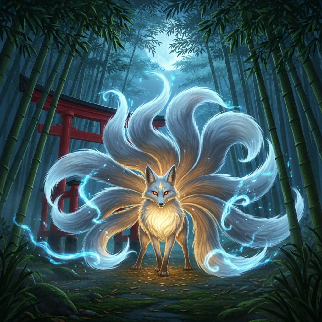 AI_IMAGE: Mystical nine-tailed fox spirit (kitsune) in a moonlit Japanese bamboo forest, ethereal white and golden fur glowing with foxfire, multiple flowing tails creating wisps of blue-white flame, red torii gate visible in background, enchanting and otherworldly atmosphere | digital-art | square