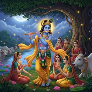 AI_IMAGE: Divine Hindu god Krishna with beautiful blue skin, playing his enchanting flute under a moonlit banyan tree, peacock feather crown in his dark curly hair, yellow silk dhoti, surrounded by adoring gopis (cow herding maidens), cows resting nearby, Yamuna river flowing in background, magical fireflies and lotus flowers, blissful and romantic divine atmosphere | digital-art | square