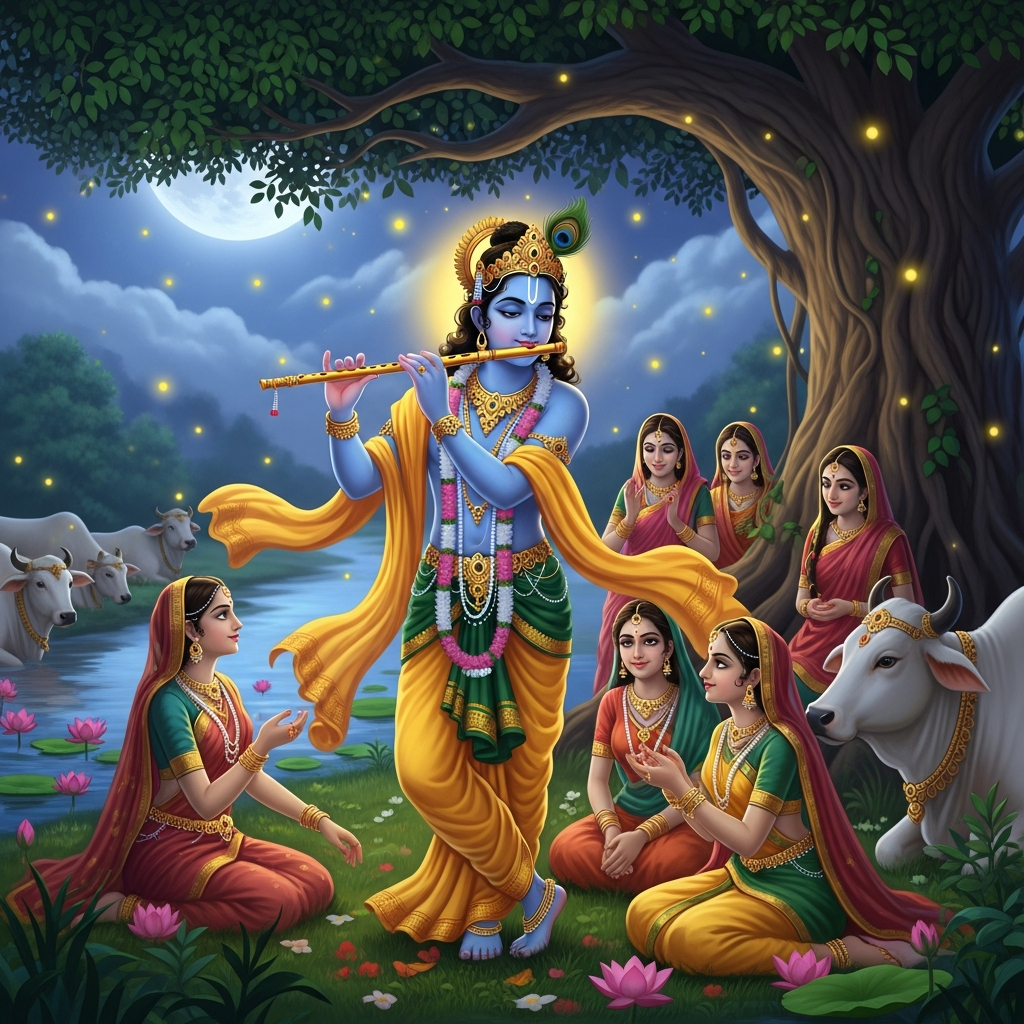 AI_IMAGE: Divine Hindu god Krishna with beautiful blue skin, playing his enchanting flute under a moonlit banyan tree, peacock feather crown in his dark curly hair, yellow silk dhoti, surrounded by adoring gopis (cow herding maidens), cows resting nearby, Yamuna river flowing in background, magical fireflies and lotus flowers, blissful and romantic divine atmosphere | digital-art | square