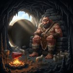 AI_IMAGE: Enormous one-eyed Cyclops Polyphemus sitting in his dark rocky cave on a Mediterranean island, single massive eye in center of forehead, rough primitive clothing of animal skins, flock of sheep around him, massive boulder blocking cave entrance, fire pit with roasting meat, rugged and primitive atmosphere | digital-art | square