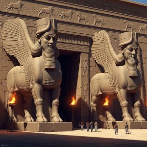 AI_IMAGE: Colossal Assyrian Lamassu guardian statue with a bearded human head wearing a horned crown, massive winged bull body with five legs, standing at the entrance of an enormous Assyrian palace with carved stone relief walls, torchlight casting dramatic shadows, awe-inspiring scale showing tiny human figures walking between the pair of Lamassu, ancient Mesopotamian protective power | digital-art | square